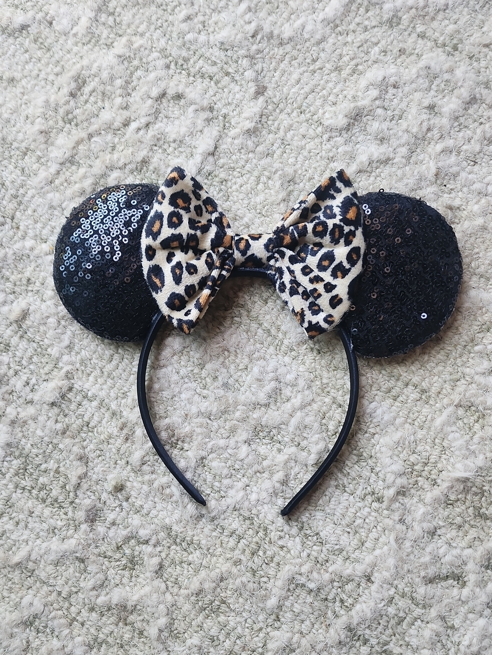 Sequin Black Mouse Ear Headband with Leopard Bow